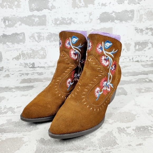 Carlos Vivien Brown Suede Floral Block Heel Zip Up Ankle Boots O190 - Picture 2 of 13